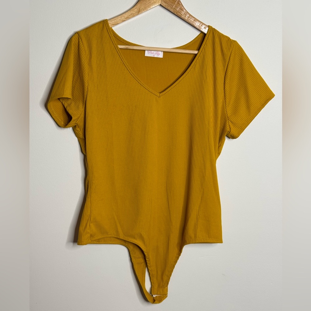 Pink Lily Mustard Ribbed V-Neck Bodysuit